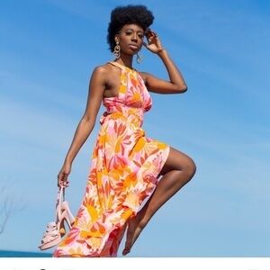 Abel the Label Anthropologie Rumi Maxi Dress Orange Pink Sexy Back